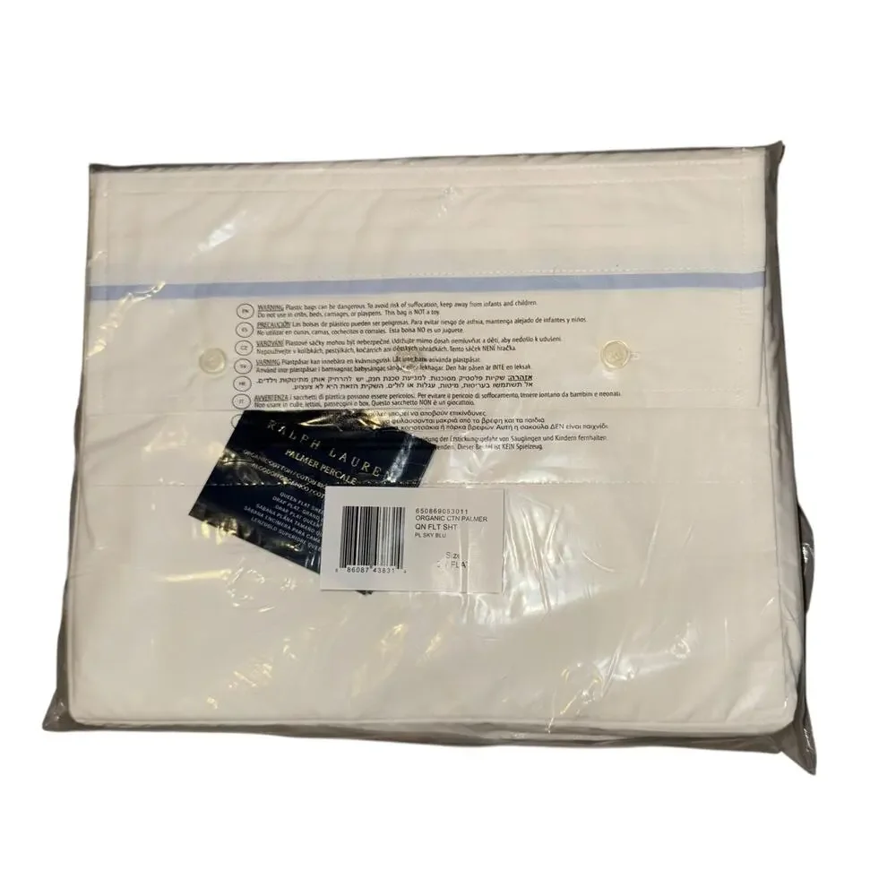 NEW Ralph Lauren Queen Flat Sheet Palmer White Sky Blue Organic Cotton Old Money